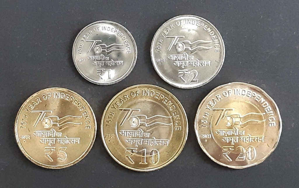 India set of 5 five 2022 uncirculated 75th independence anniversary rupee coins