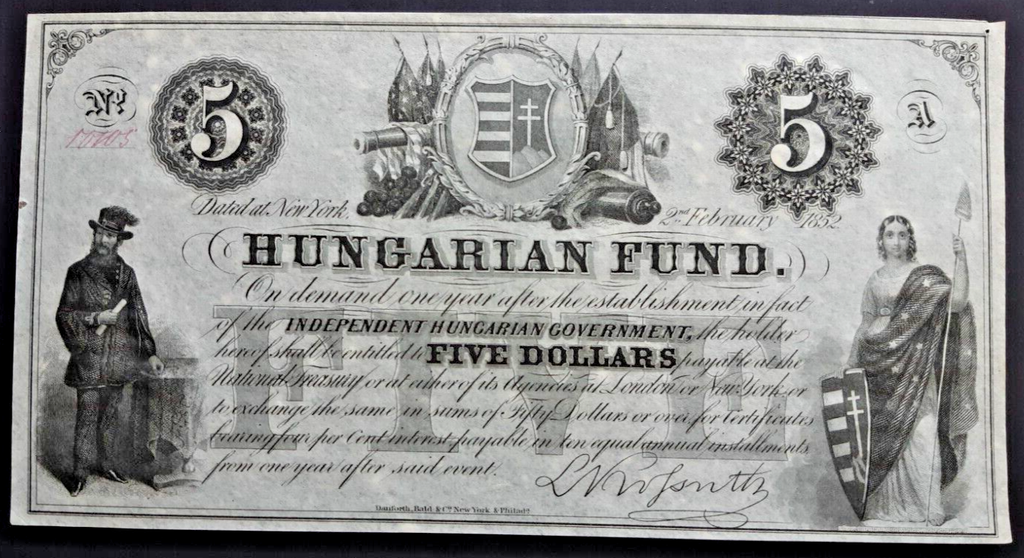 Hungarian Fund 5 Dollars note 2 February 1852 New York very nice condition