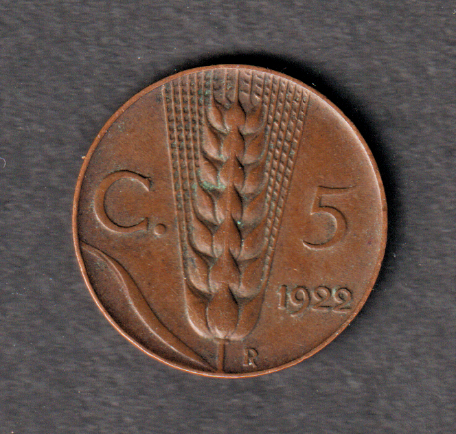 Italy 5 Centesimi 1922 coin great circulated condition