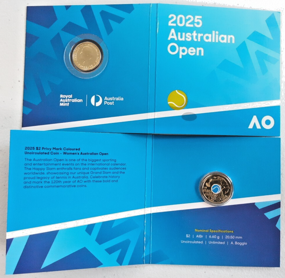 2025 Australia Open Women Tennis $2 2 Dollar coloured coin in card opened