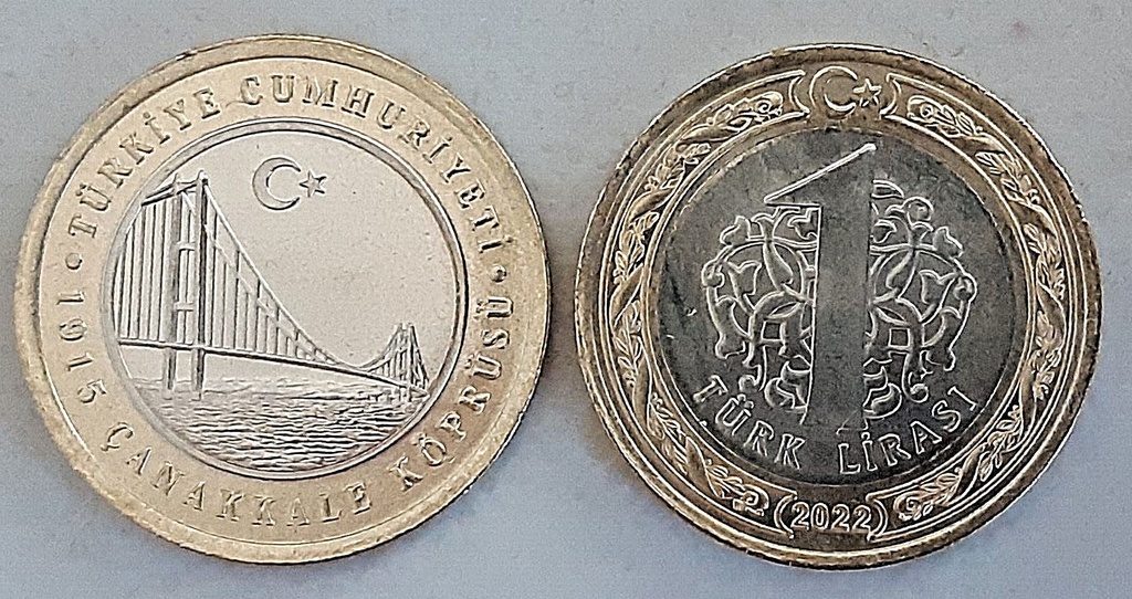 Turkey 1 Lira bimetallic coin 2022 uncirculated Canakkale Bridge