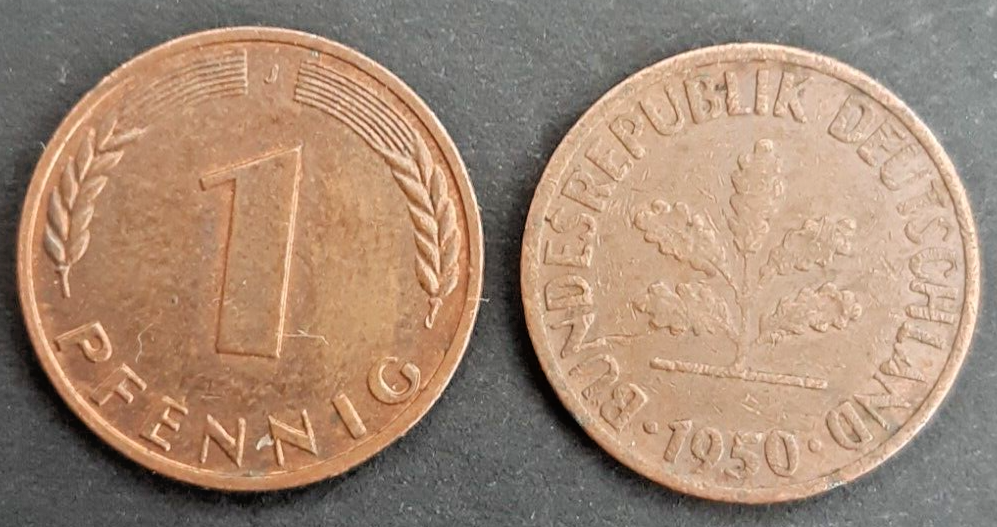 Germany 1 Pfennig 1950-J coin circulated condition