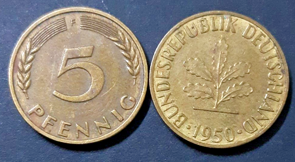 Germany 5 Pfennig 1950-F coin circulated condition