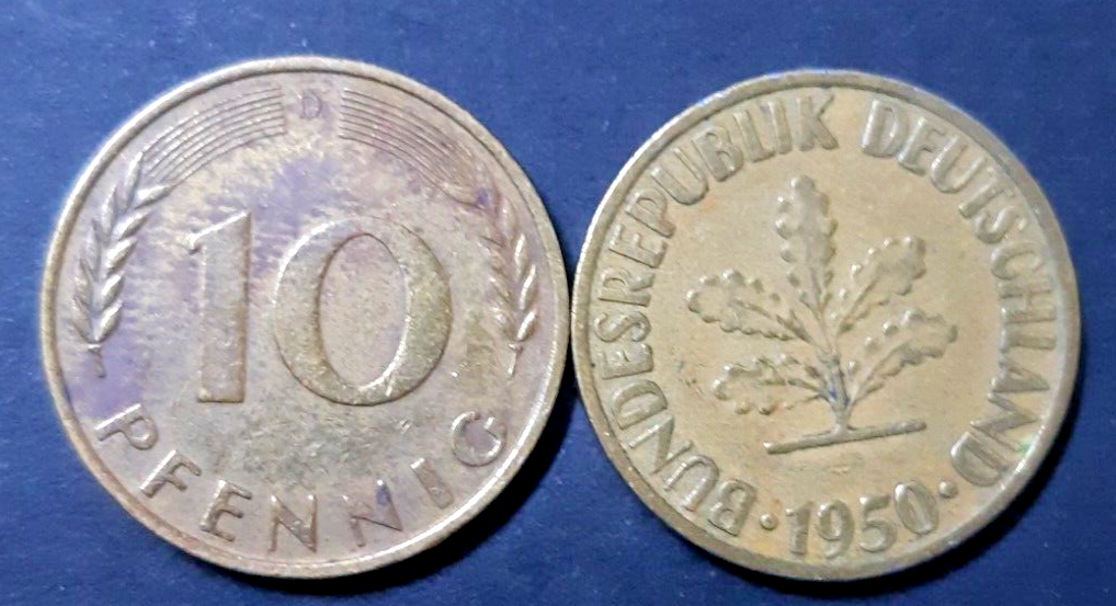 Germany 10 Pfennig 1950-D coin circulated condition