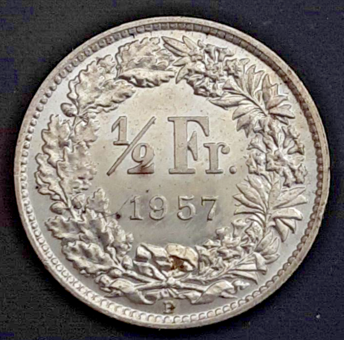 Switzerland 1/2 Franc 1957 .835 silver coin lightly circulated condition