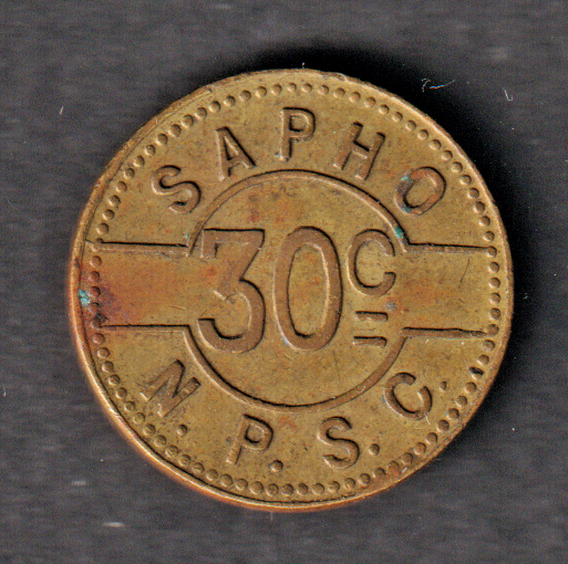 Sapho N.P.S.C. 30c jukebox token brass 547 on obverse 1940's-60's