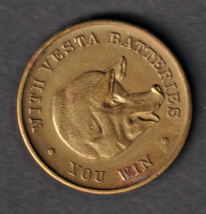 Vesta Batteries win/lose flipper advertising token approx. 1960's
