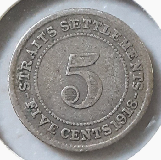 [196386983162] Straits Settlements 5 Cents coins .400 silver billon 1918 circulated
