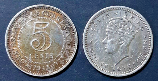 [196532433544] Commissioners of Currency Malaya 5 cent 1941 .720 silver coin circulated