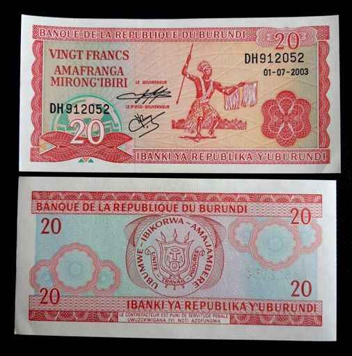 [196026326833] Burundi 20 Francs uncirculated banknote 2003-9 P-27d.6