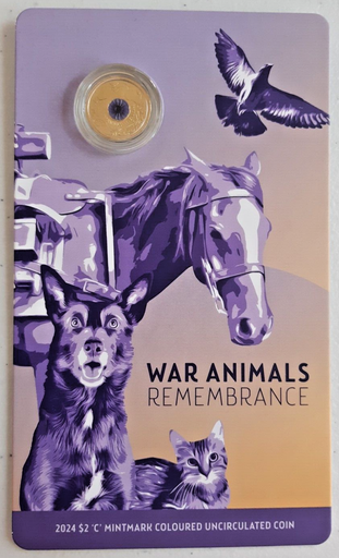 [196889851364] 2024 Australia $2 2 dollars War Animals c-mint coloured coin in card
