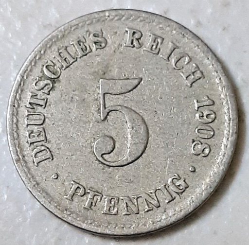 [196442242688] Imperial Germany 5 Pfennig 1908-A coin nice circulated condition