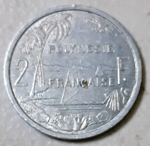 [196443918974] French Polynesia 2 Francs 1965 aF condition aluminium coin