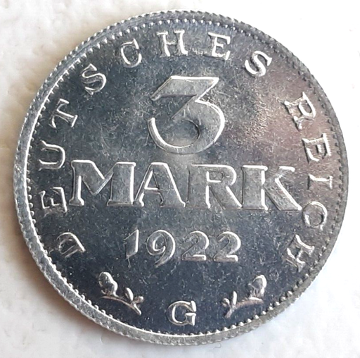 [195777540212] Germany 3 Mark aluminium coin 1922 G VERFASSUNGSTAG 11. AUGUST 1922d nice circ