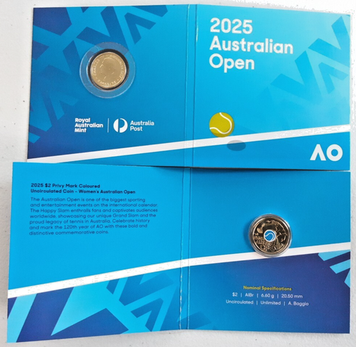 [197235771987] 2025 Australia Open Women Tennis $2 2 Dollar coloured coin in card opened