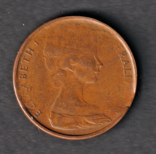 [197237324840] Australia 1960's 2 cents 2c error coin oil strike/brokage(?) circulated condition