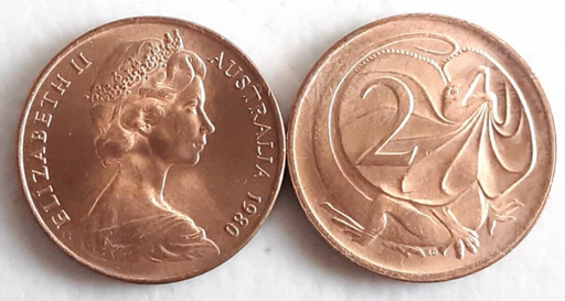 [195897202101] Australia 2 cents coin 1980 lightly circulated Red rare in this condition
