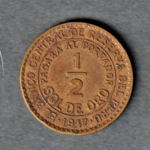 [196968735314] Peru 1947 1/2 Sol de Oro coin circulated condition uncommon