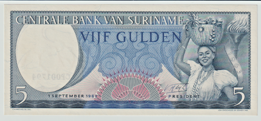 [196922389643] Suriname 5 Gulden uncirculated banknote 1963