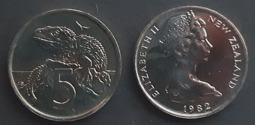 [196265058700] New Zealand 5 Cents coin 1982 brilliant uncirculated