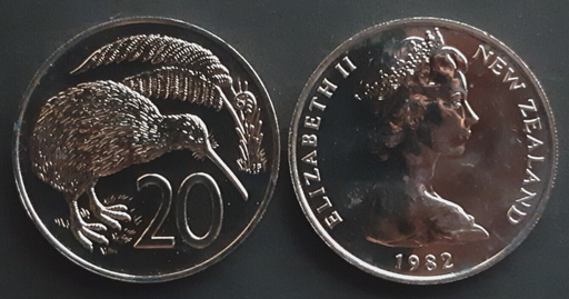 [196265077019] New Zealand 20 Cents coin 1982 brilliant uncirculated