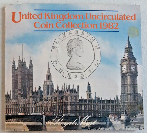 [197170254219] Great Britain 1982 7 coin set uncirculated on card feat 50 20 10 5 2 1 1/2 pence
