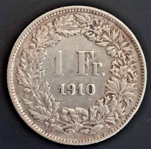 [196542672463] Switzerland 1 Franc 1910 .835 silver coin lightly circulated condition