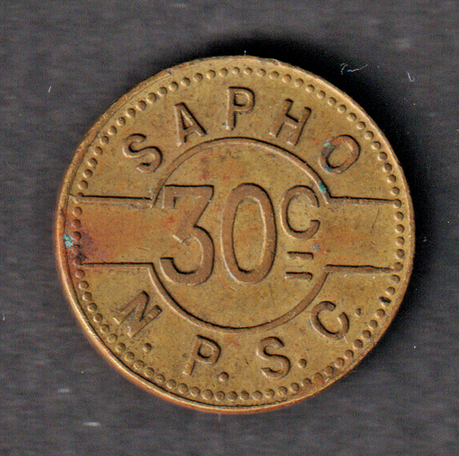[197181461614] Sapho N.P.S.C. 30c jukebox token brass 547 on obverse 1940's-60's